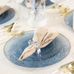 32 Piece Combo Blue and Gold Hammered Round Plastic Dinnerware Set (16 Servings) - Organic Hammered
