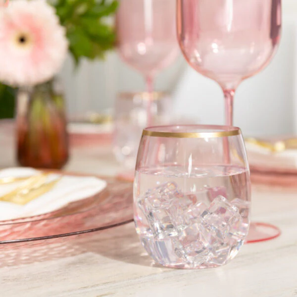 12 oz. Pink Stemless Wine Goblets With Gold Rim 6 Pack - Image 2