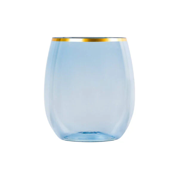 12 oz. Blue Stemless Wine Goblets With Gold Rim 6 Pack