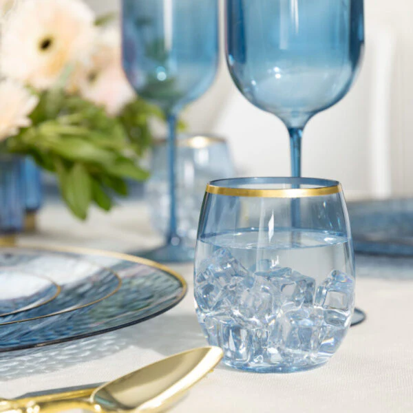 12 oz. Blue Stemless Wine Goblets With Gold Rim 6 Pack - Image 2